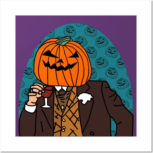 Pumpkin Head Drinking Wine Halloween Horror Portrait Wall Art by ellenhenryart